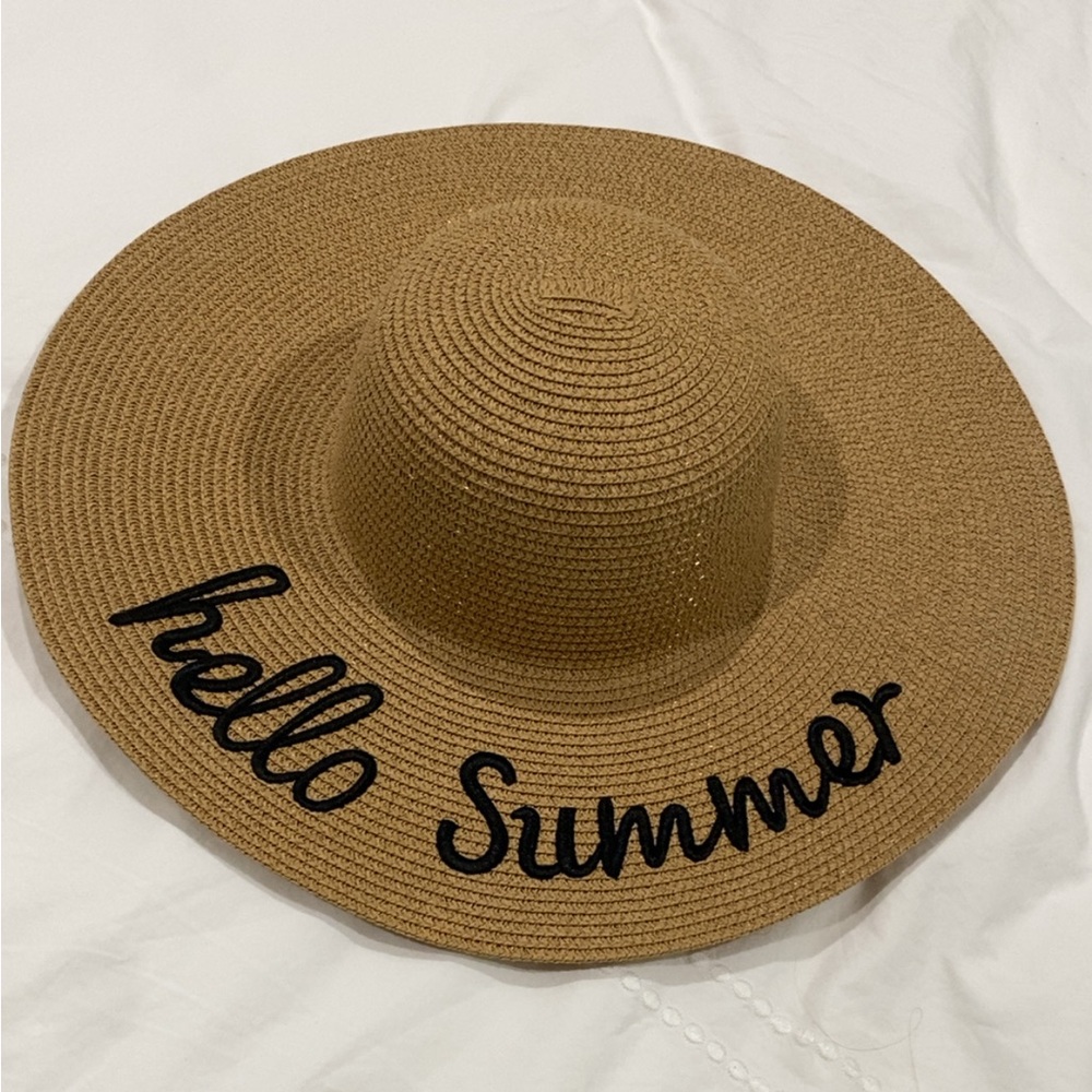 NWOT Tan Sun Hat with Black 'Hello Summer' Embroidery